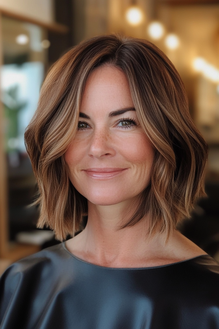 8. Caramel Brown Textured Lob (Bob Hairstyles For Women Over 40) - Bob Hairstyles For Women Over 40