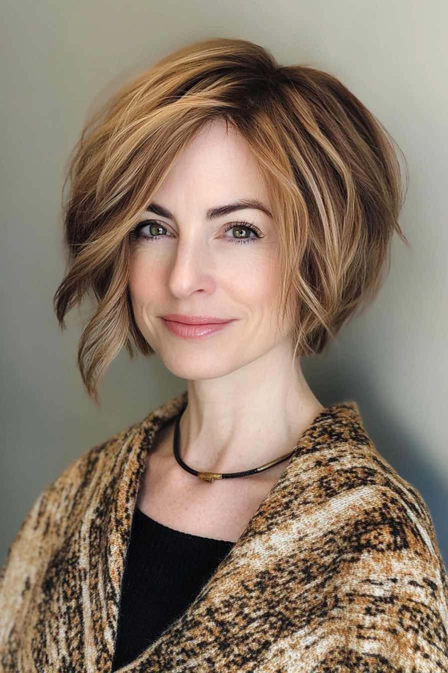 14. Golden Brown Asymmetric Bob (Bob Hairstyles For Women Over 40) - Bob Hairstyles For Women Over 40