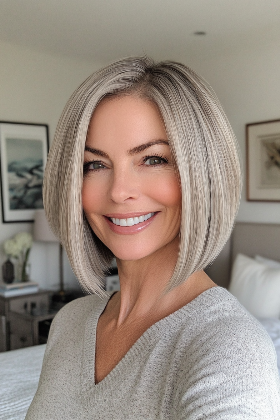 19. Salt-and-Pepper Sleek Bob (Bob Hairstyles For Women Over 40) - Bob Hairstyles For Women Over 40