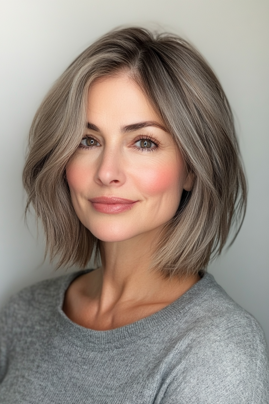 21. Ash Brown Feathered Bob (Bob Hairstyles For Women Over 40) - Bob Hairstyles For Women Over 40