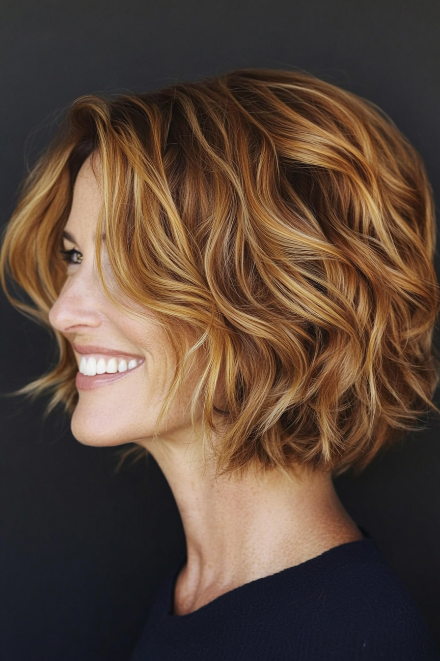 23. Golden Caramel Wavy Lob (Bob Hairstyles For Women Over 40) - Bob Hairstyles For Women Over 40