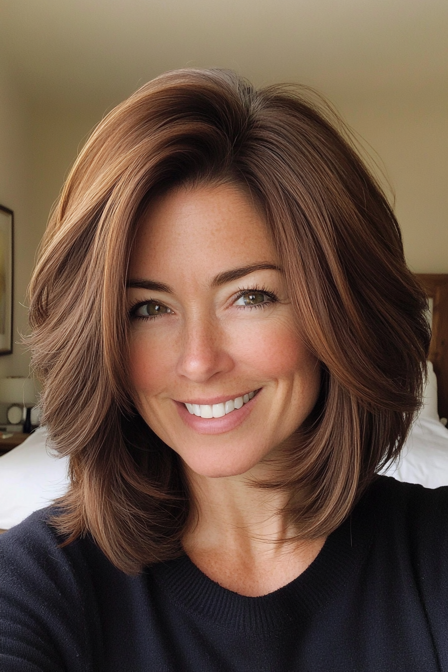 25. Chestnut Brown Layered Lob (Bob Hairstyles For Women Over 40) - Bob Hairstyles For Women Over 40