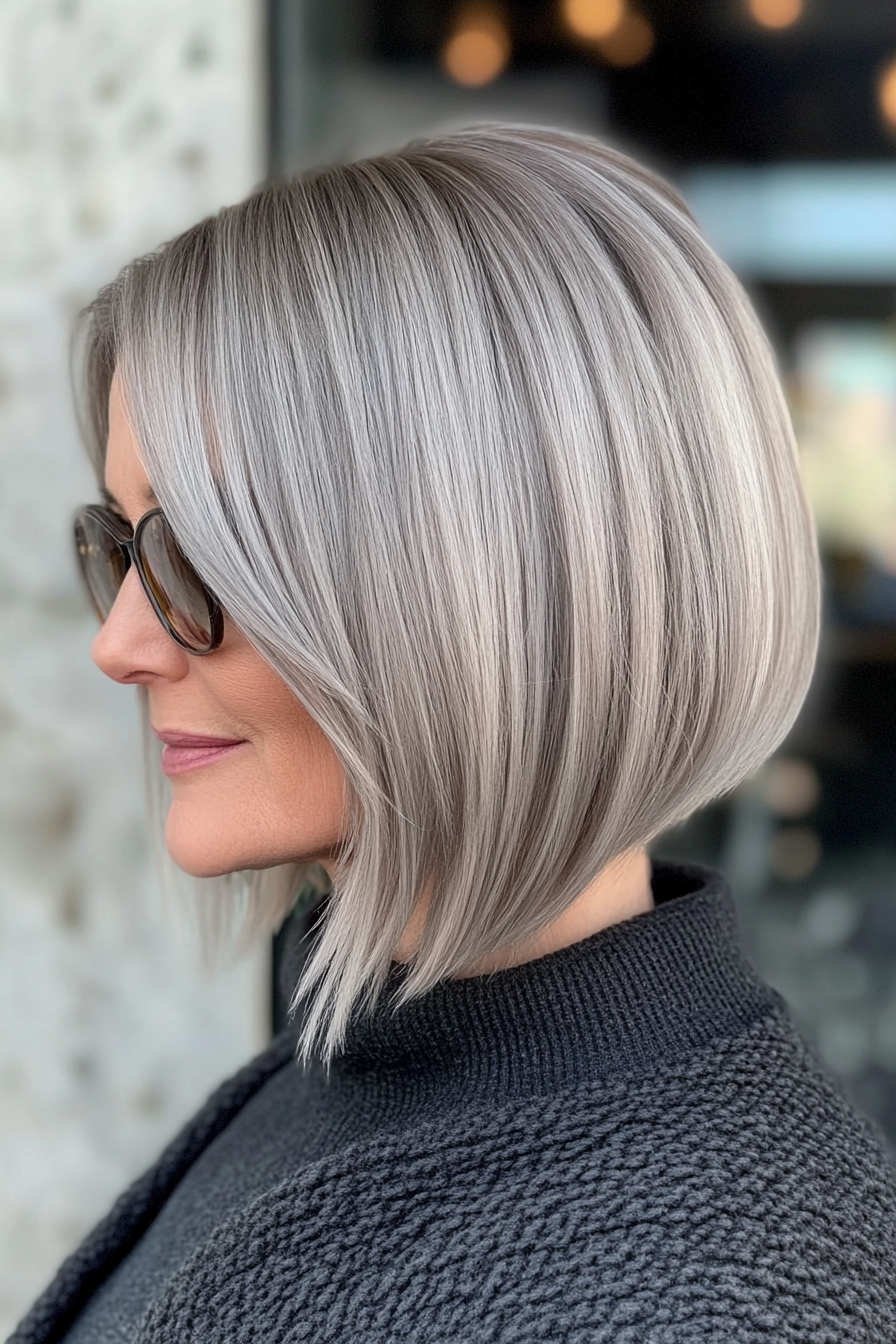 26. Pewter Gray Angled Bob (Bob Hairstyles For Women Over 40) - Bob Hairstyles For Women Over 40