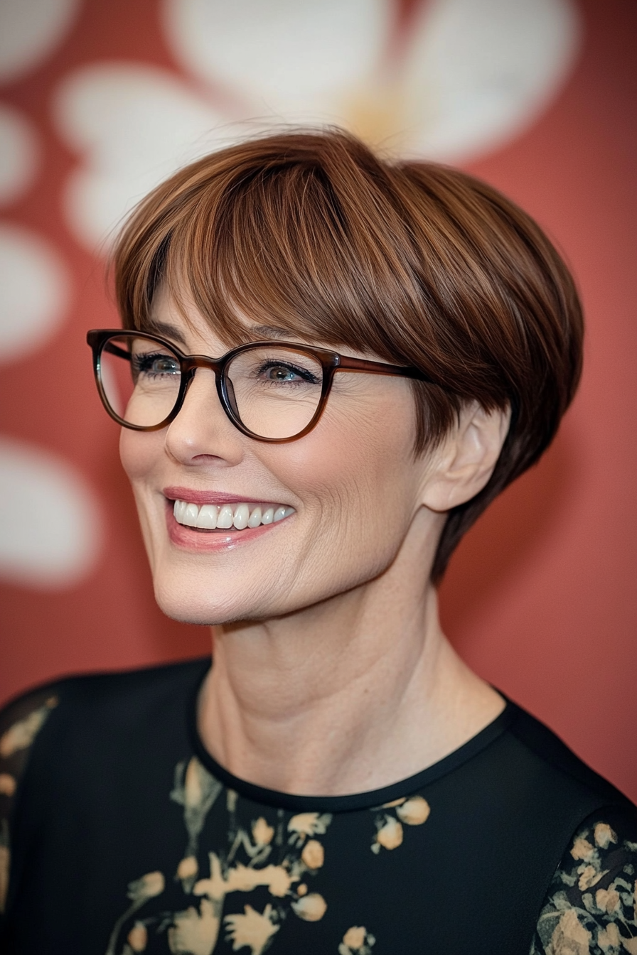 3. Classic Chestnut Crop with Side Bangs (Short Hairstyles For Older Women With Glasses) - Short Hairstyles For Older Women With Glasses