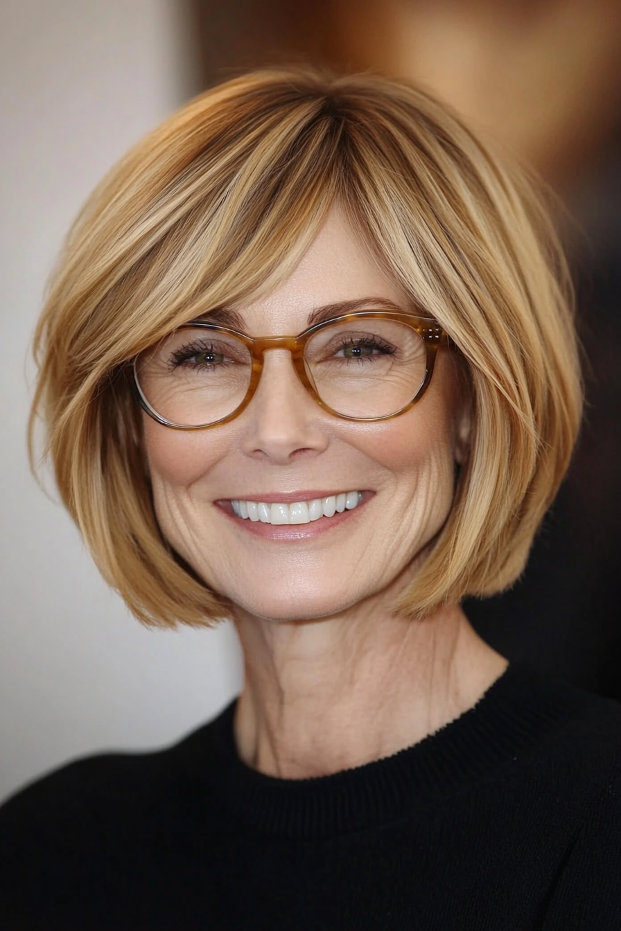 5. Honey Blonde Layered Bob (Short Hairstyles For Older Women With Glasses) - Short Hairstyles For Older Women With Glasses