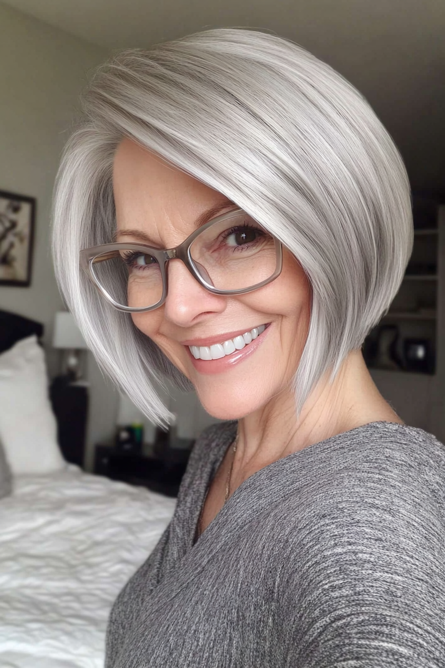 6. Silver Stacked Bob with Angled Layers (Short Hairstyles For Older Women With Glasses) - Short Hairstyles For Older Women With Glasses
