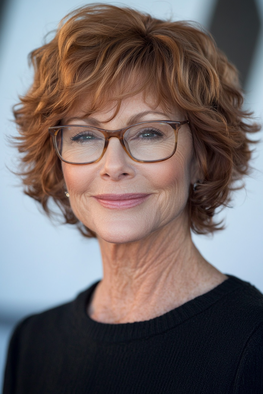 7. Short Auburn Shag with Soft Curls (Short Hairstyles For Older Women With Glasses) - Short Hairstyles For Older Women With Glasses