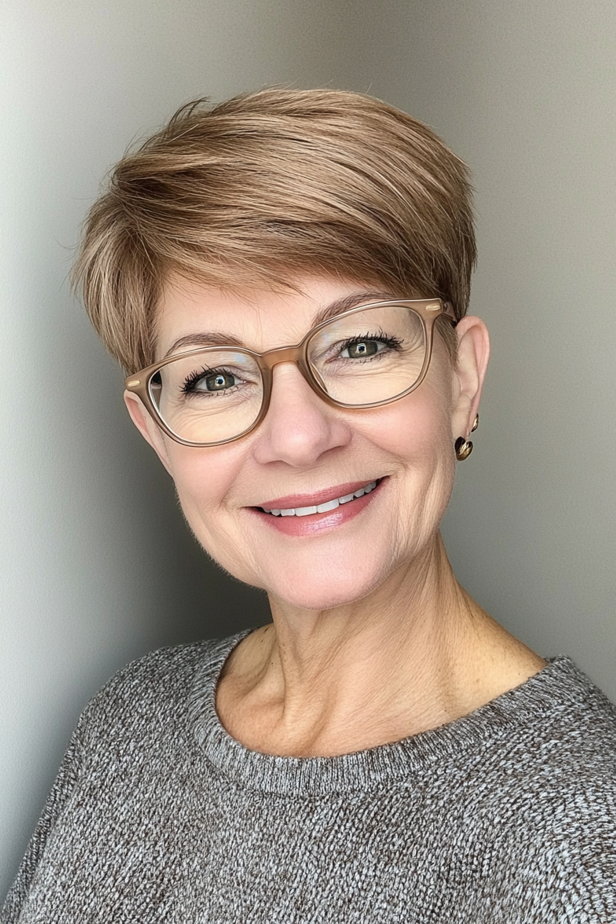 8. Light Brown Pixie with Tapered Sides (Short Hairstyles For Older Women With Glasses) - Short Hairstyles For Older Women With Glasses
