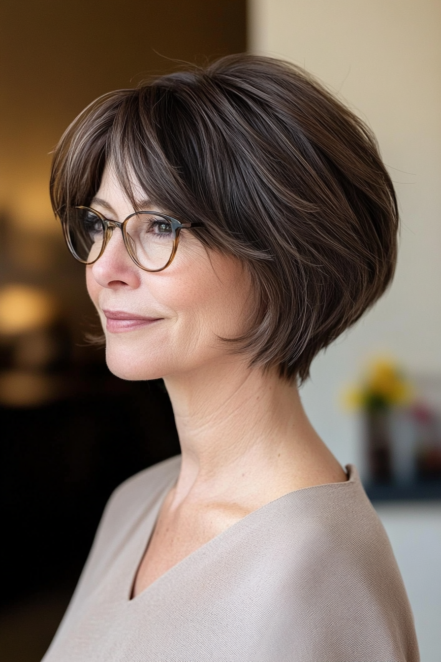 10. Dark Brown French Bob with Wispy Bangs (Short Hairstyles For Older Women With Glasses) - Short Hairstyles For Older Women With Glasses