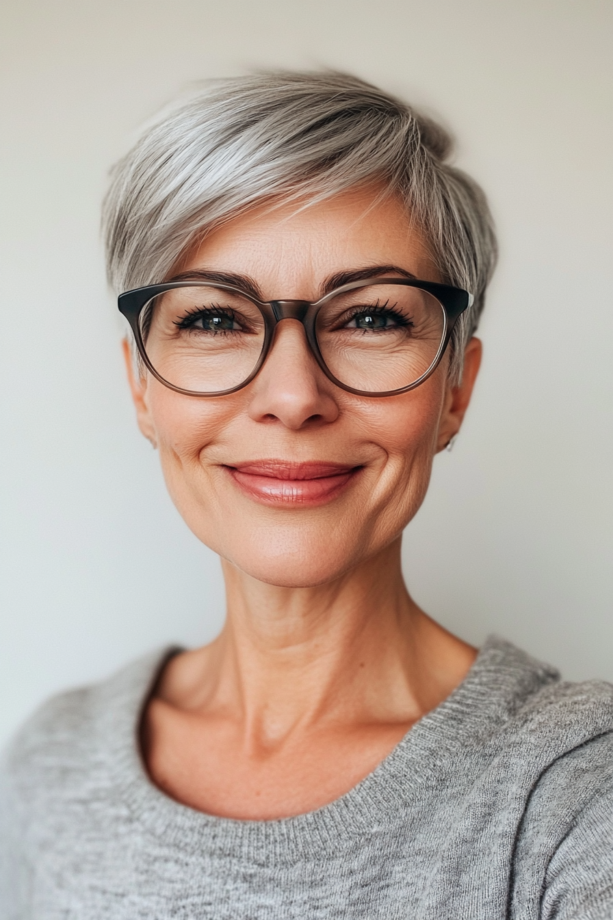 1. Chic Silver Pixie with Subtle Layers (Short Hairstyles For Older Women With Glasses) - Short Hairstyles For Older Women With Glasses