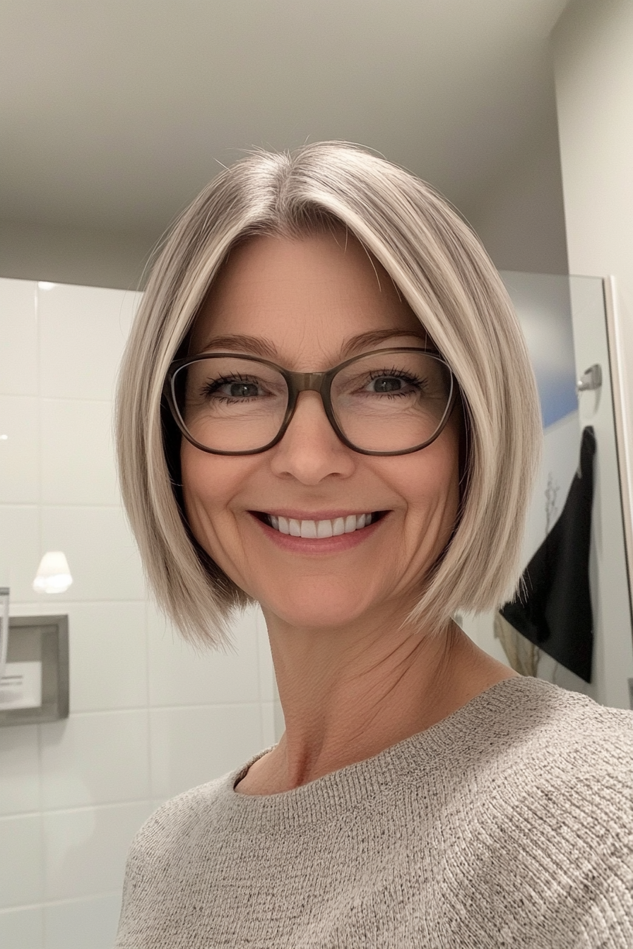 2. Ash Blonde Bob with Feathered Ends (Short Hairstyles For Older Women With Glasses) - Short Hairstyles For Older Women With Glasses