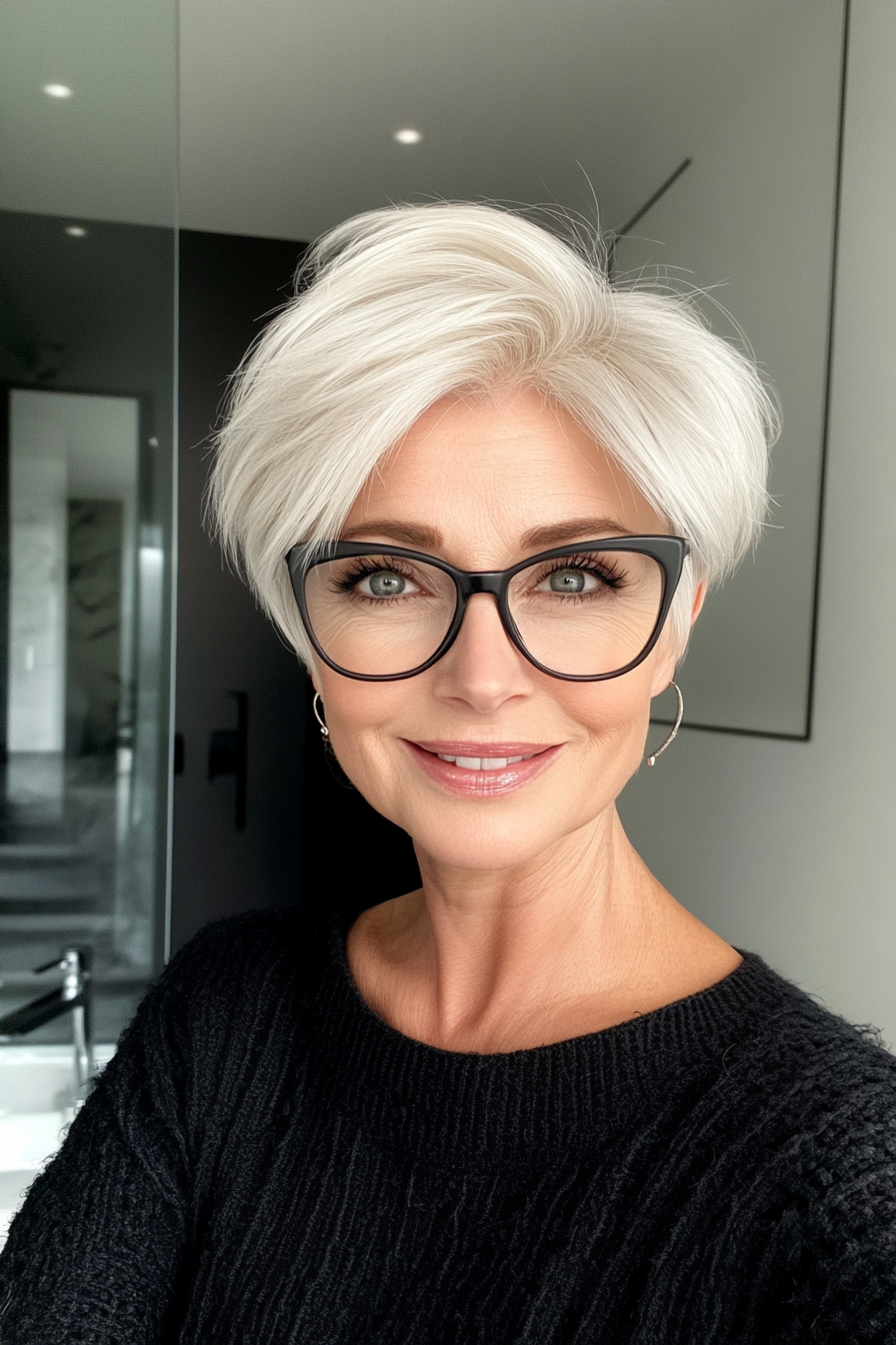 11. Platinum Blonde Layered Pixie (Short Hairstyles For Older Women With Glasses) - Short Hairstyles For Older Women With Glasses