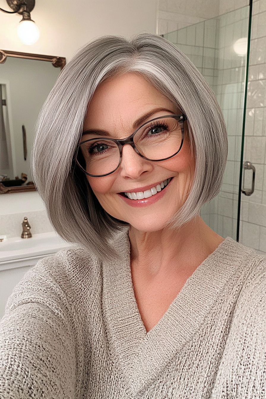 12. Gray Feathered Bob with Side Part (Short Hairstyles For Older Women With Glasses) - Short Hairstyles For Older Women With Glasses