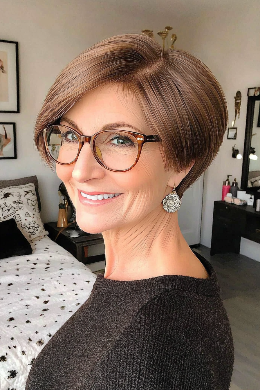 13. Short Walnut Wedge Cut (Short Hairstyles For Older Women With Glasses) - Short Hairstyles For Older Women With Glasses