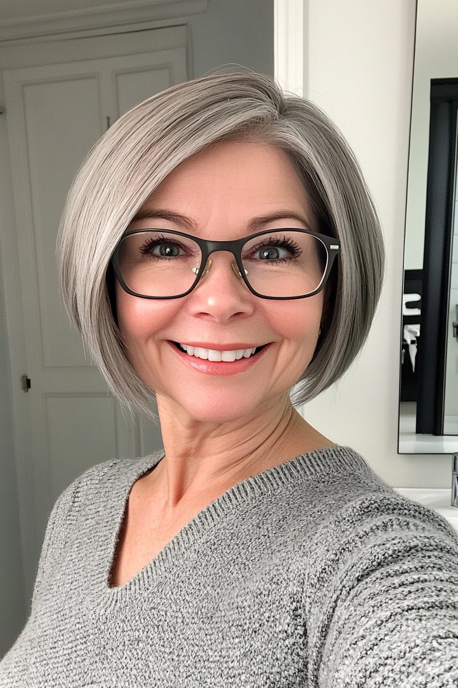 14. Ash Gray Asymmetrical Bob (Short Hairstyles For Older Women With Glasses) - Short Hairstyles For Older Women With Glasses