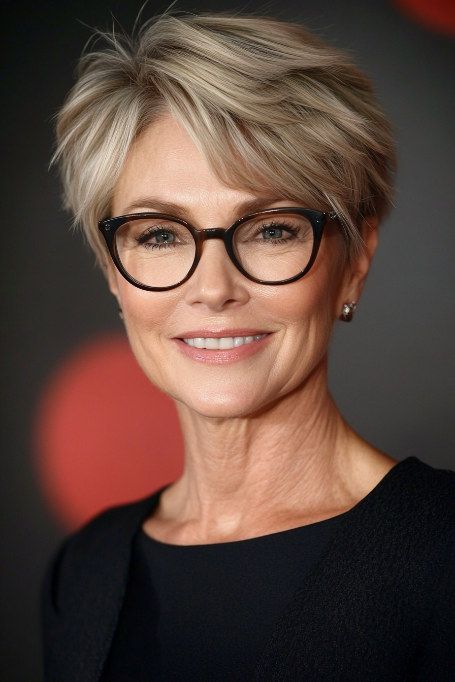 15. Dark Blonde Pixie with Choppy Layers (Short Hairstyles For Older Women With Glasses) - Short Hairstyles For Older Women With Glasses