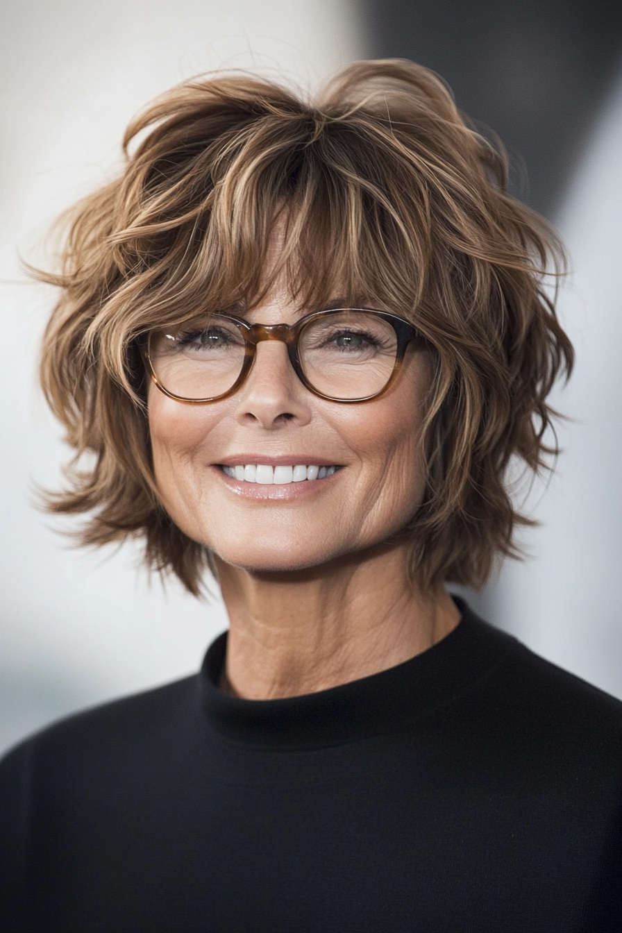 16. Caramel Shaggy Bob with Loose Waves (Short Hairstyles For Older Women With Glasses) - Short Hairstyles For Older Women With Glasses
