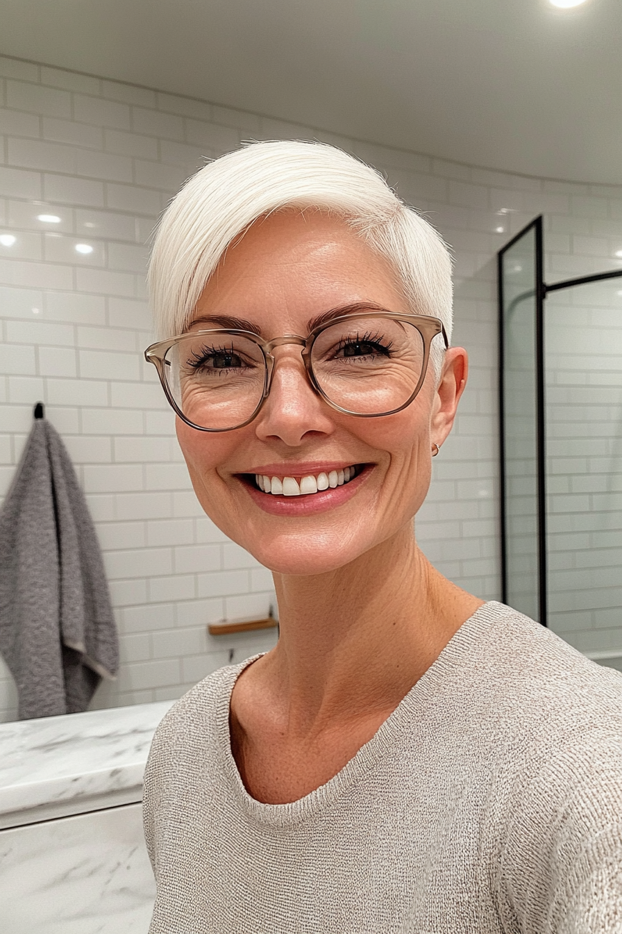 18. White Blonde Buzz Cut (Short Hairstyles For Older Women With Glasses) - Short Hairstyles For Older Women With Glasses