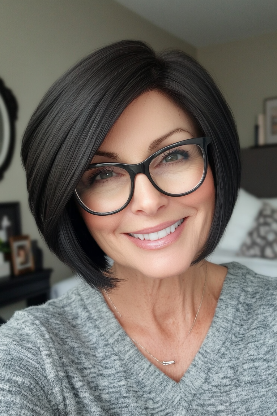 17. Natural Black Tapered Bob with Layers (Short Hairstyles For Older Women With Glasses) - Short Hairstyles For Older Women With Glasses
