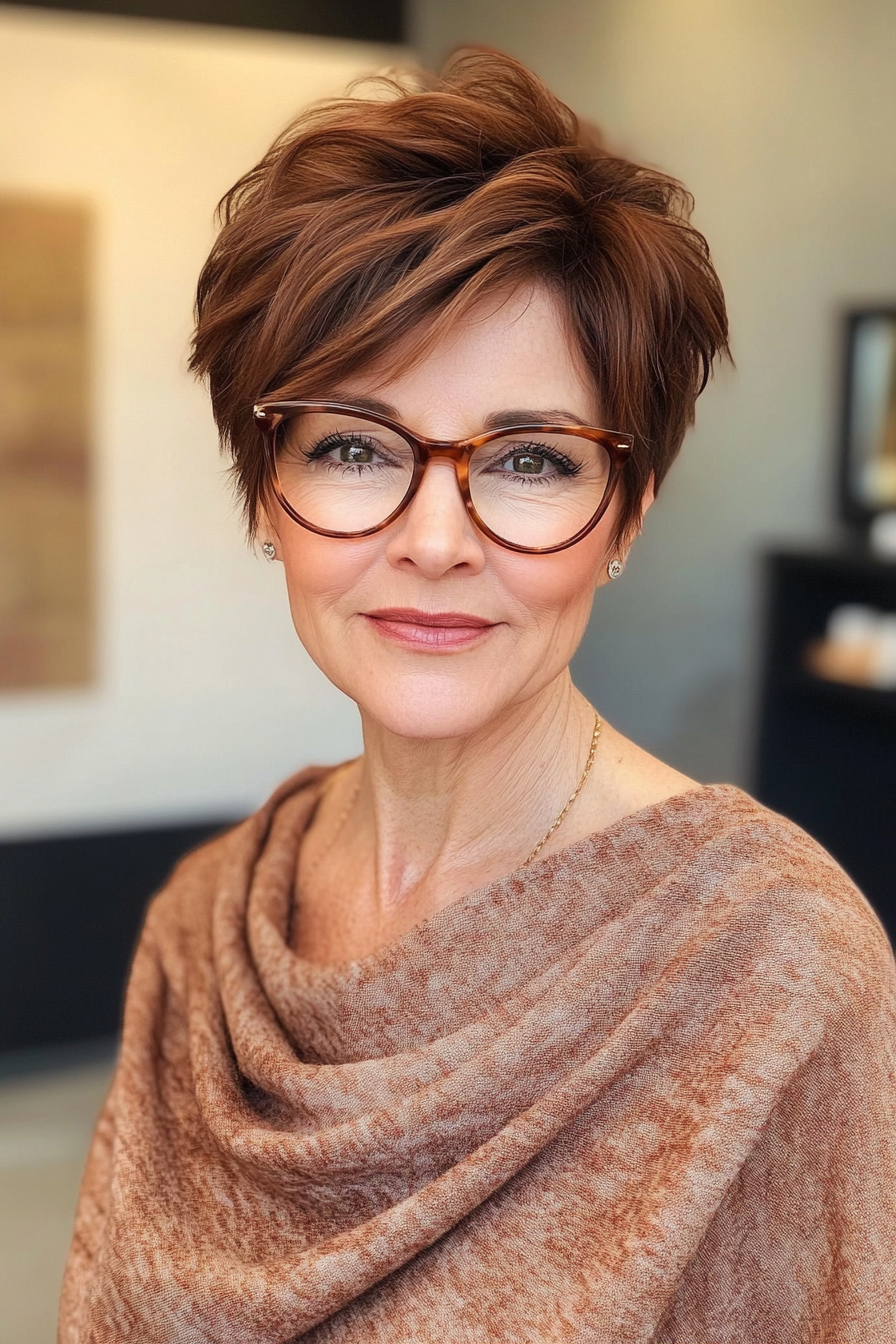 19. Mahogany Crop with Asymmetric Bangs (Short Hairstyles For Older Women With Glasses) - Short Hairstyles For Older Women With Glasses