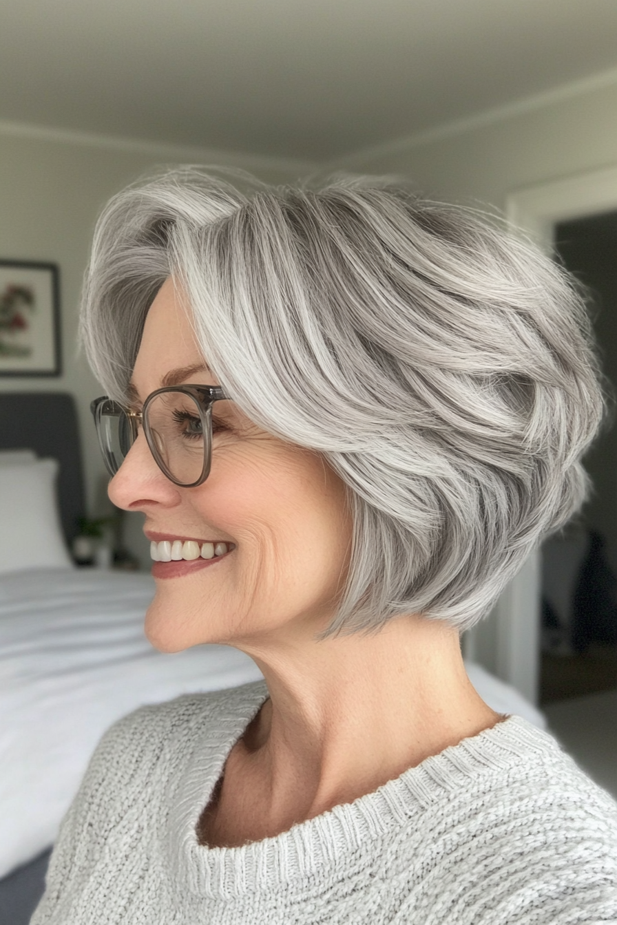 20. Light Gray Textured Bob with Volume (Short Hairstyles For Older Women With Glasses) - Short Hairstyles For Older Women With Glasses