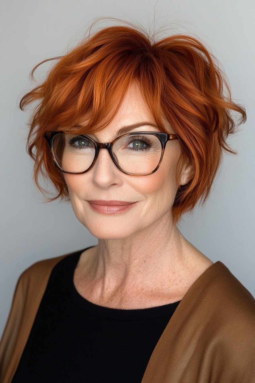 22. Copper Layered Lob with Side Sweep (Short Hairstyles For Older Women With Glasses) - Short Hairstyles For Older Women With Glasses