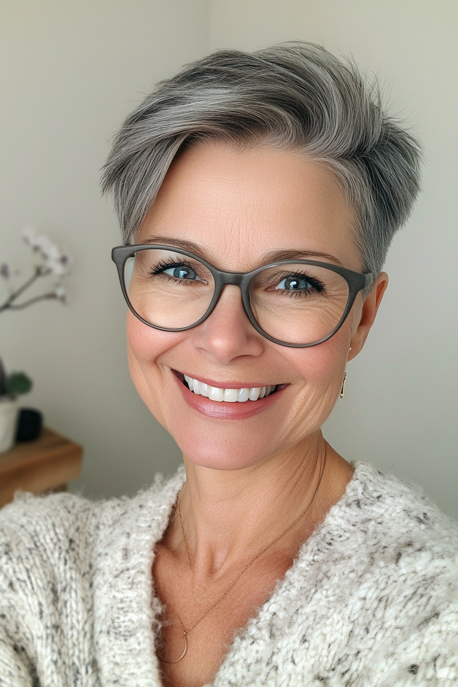 23. Charcoal Gray Undercut Pixie (Short Hairstyles For Older Women With Glasses) - Short Hairstyles For Older Women With Glasses