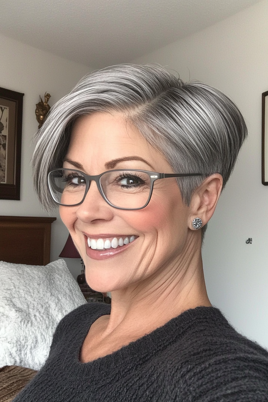 26. Steel Gray Sleek Crop (Short Hairstyles For Older Women With Glasses) - Short Hairstyles For Older Women With Glasses