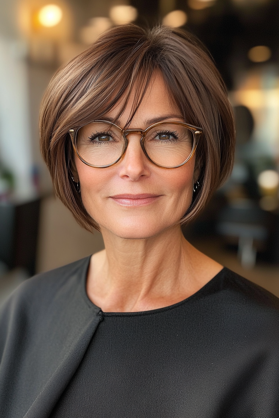 27. Rich Espresso Bob with Layered Fringe (Short Hairstyles For Older Women With Glasses) - Short Hairstyles For Older Women With Glasses