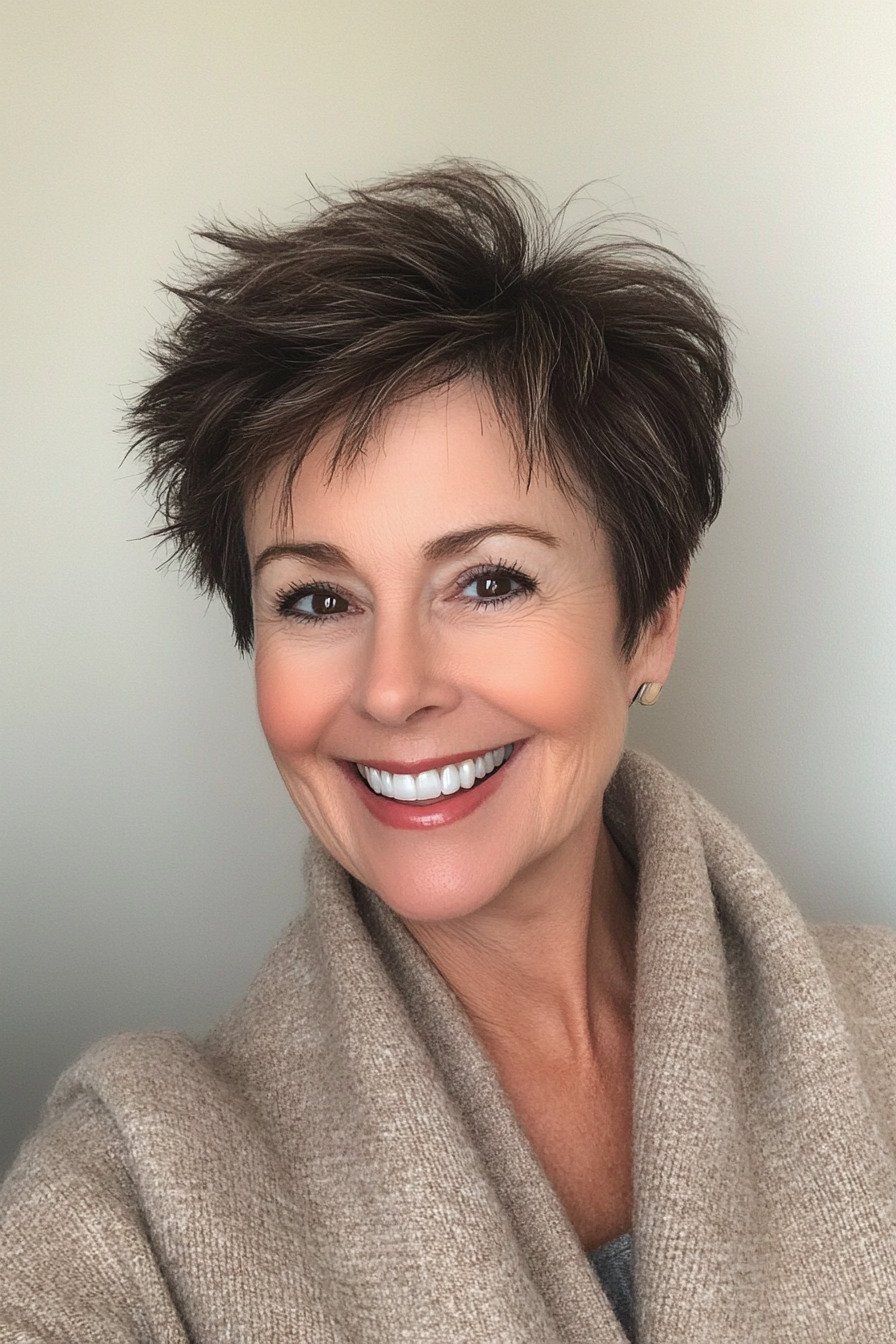 6. Textured Pixie with Dark Chocolate (Hairstyles For Older Women With Fine Hair) - Hairstyles For Older Women With Fine Hair