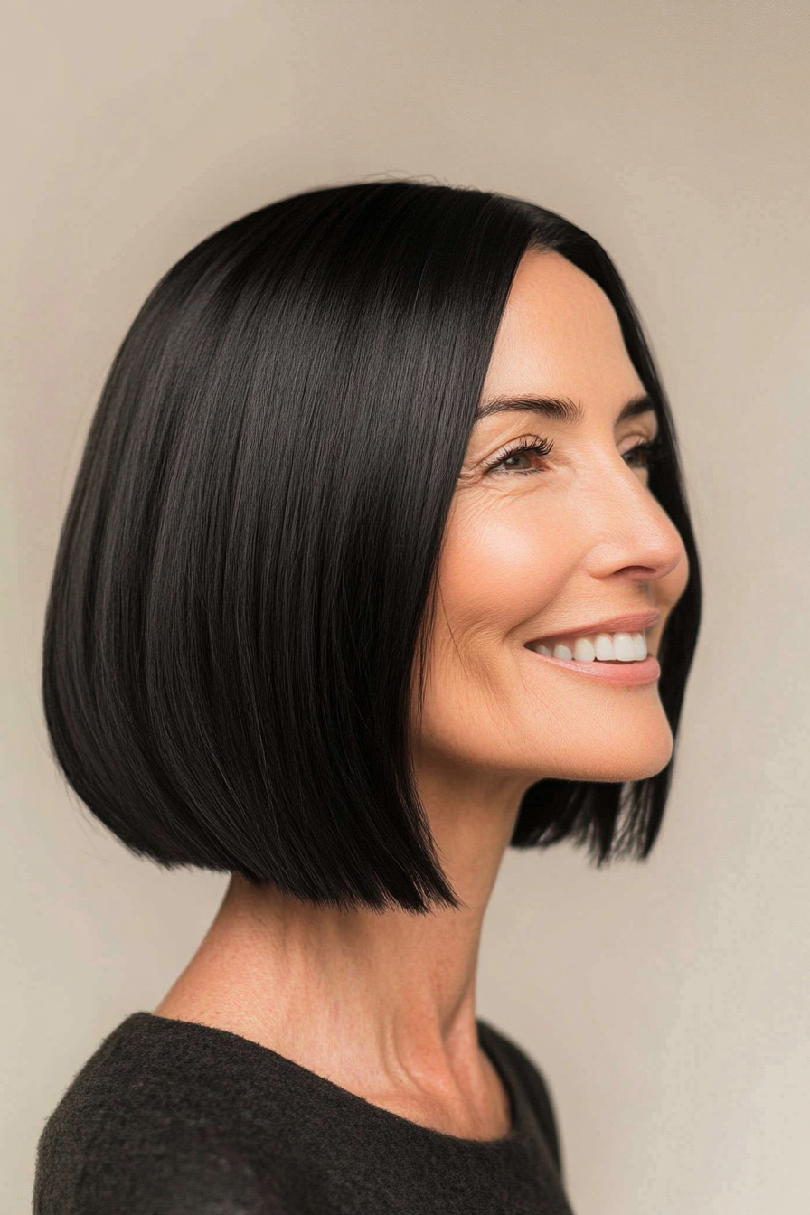 7. Blunt Cut with Natural Black (Hairstyles For Older Women With Fine Hair) - Hairstyles For Older Women With Fine Hair