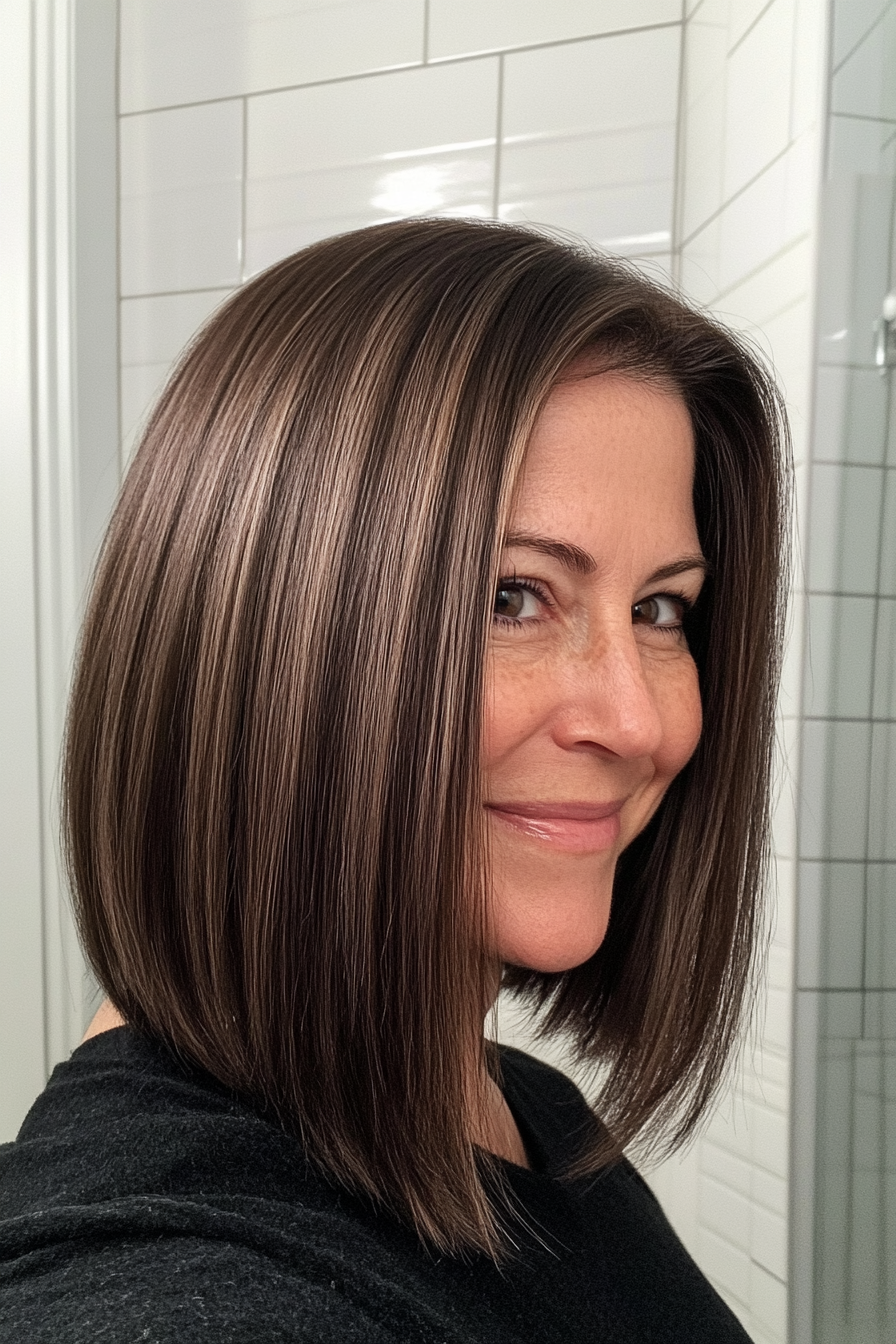 24. Sleek Lob with Espresso Brown (Hairstyles For Older Women With Fine Hair) - Hairstyles For Older Women With Fine Hair