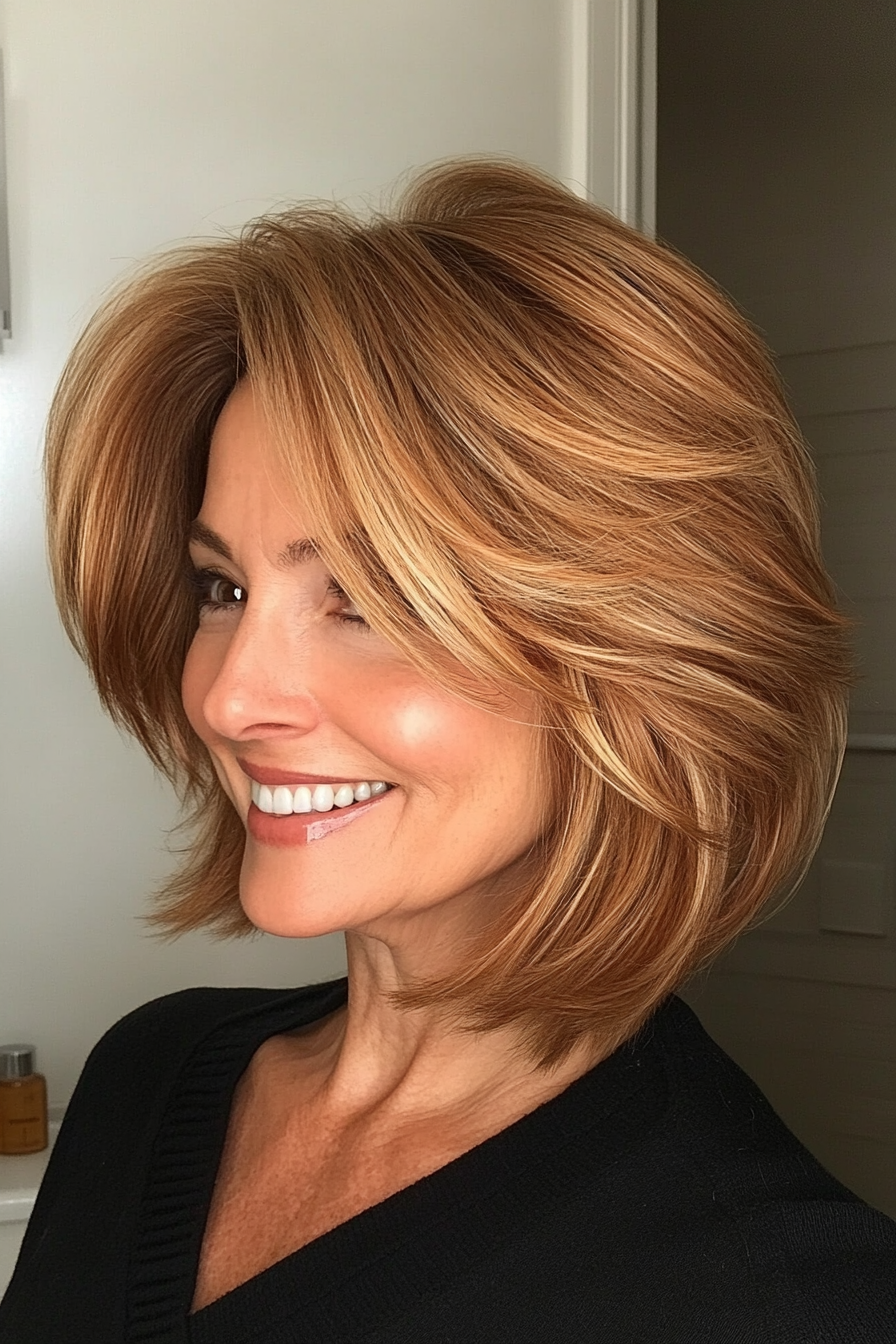 2. Layered Bob with Honey Highlights (Bob Hairstyles For Women Over 50) - Bob Hairstyles For Women Over 50