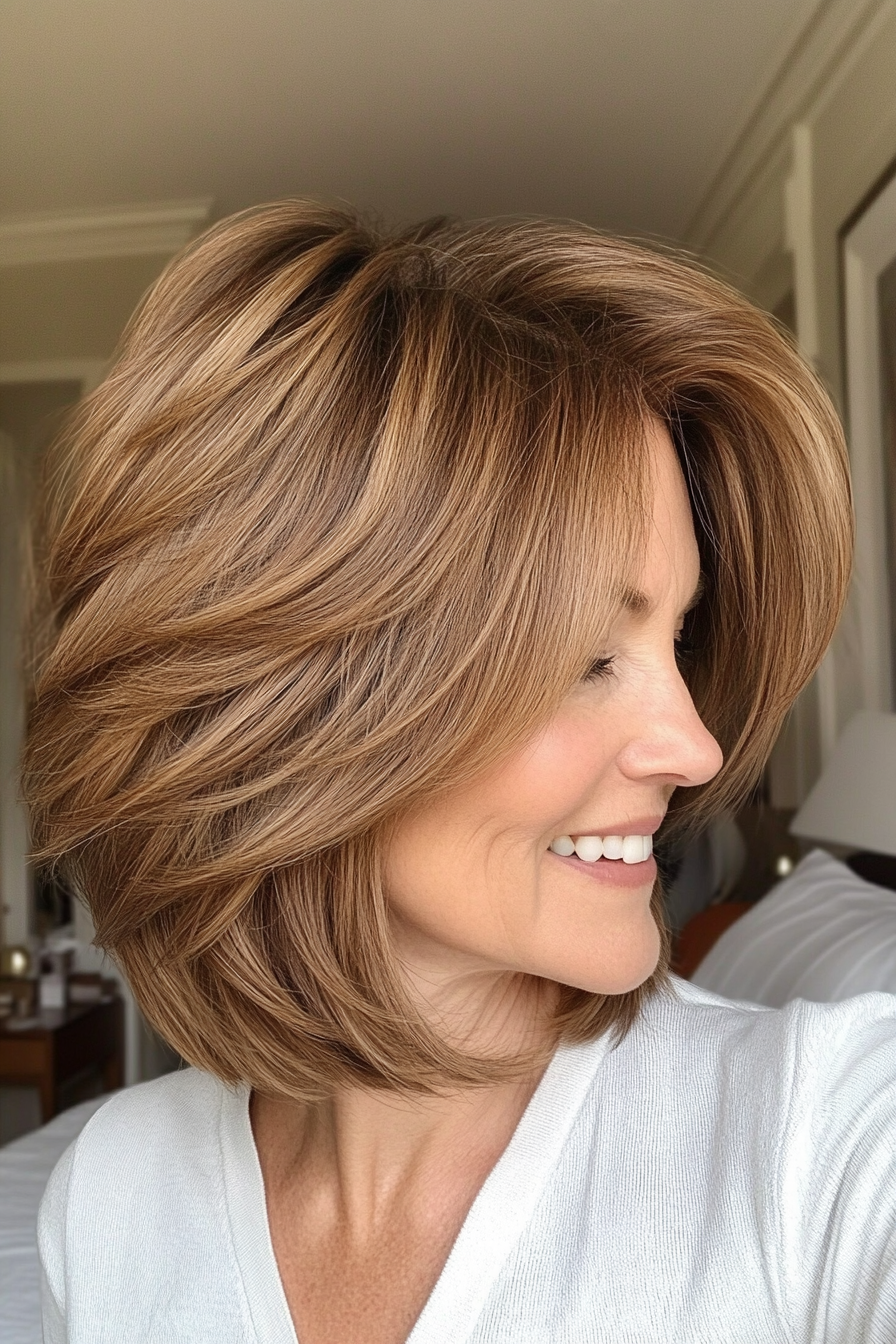 17. Layered Bob with Curtain Bangs in Warm Brown (Bob Hairstyles For Women Over 50) - Bob Hairstyles For Women Over 50