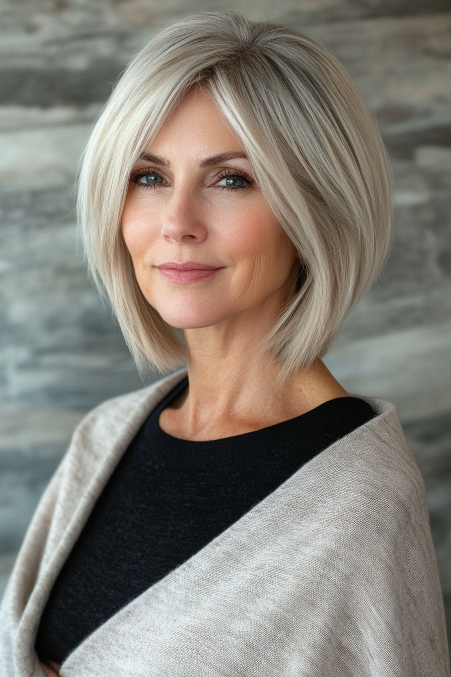 16. Inverted Bob in Platinum Blonde (Bob Hairstyles For Women Over 50) - Bob Hairstyles For Women Over 50