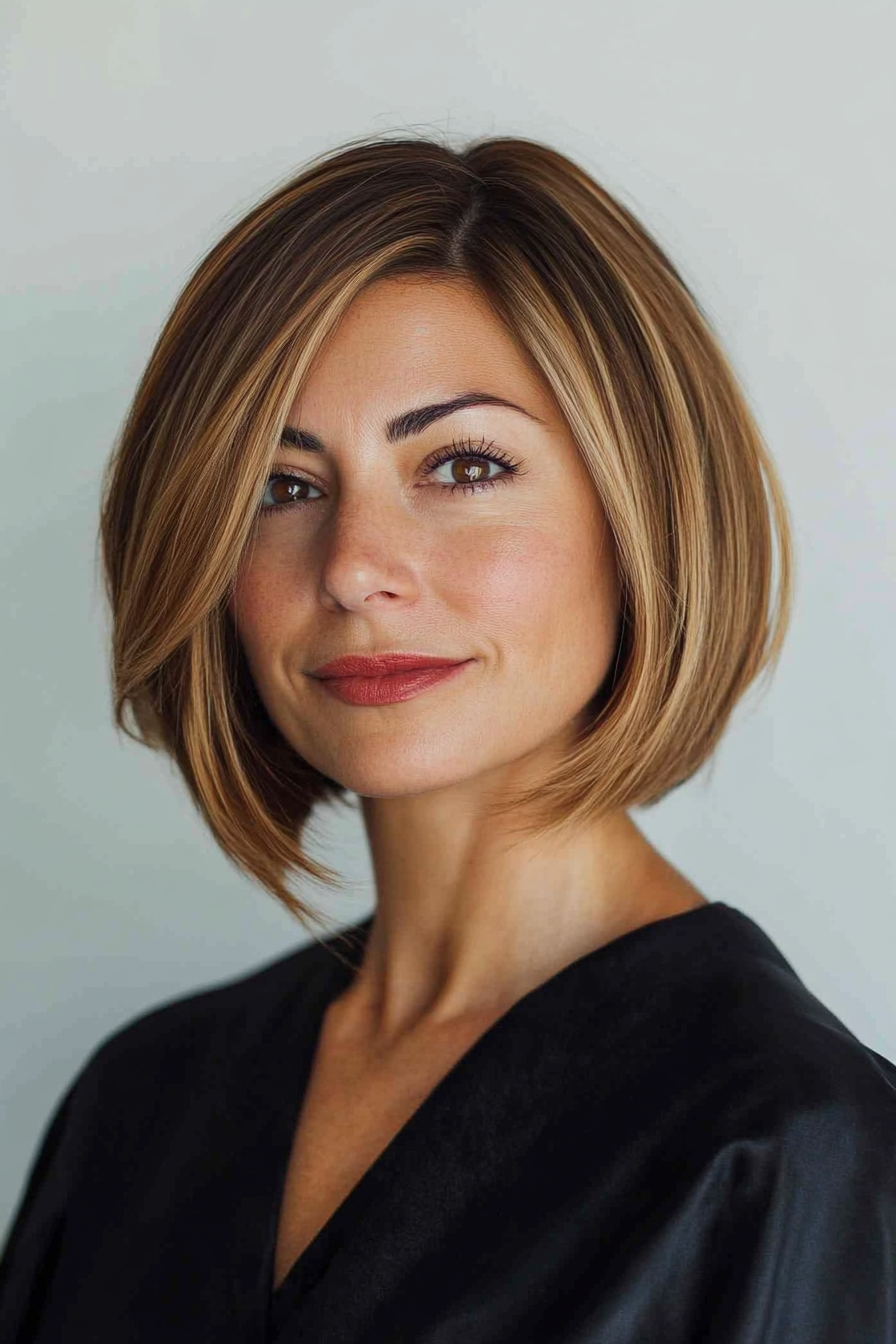 15. Blunt Bob with Side Part in Golden Brown (Bob Hairstyles For Women Over 50) - Bob Hairstyles For Women Over 50