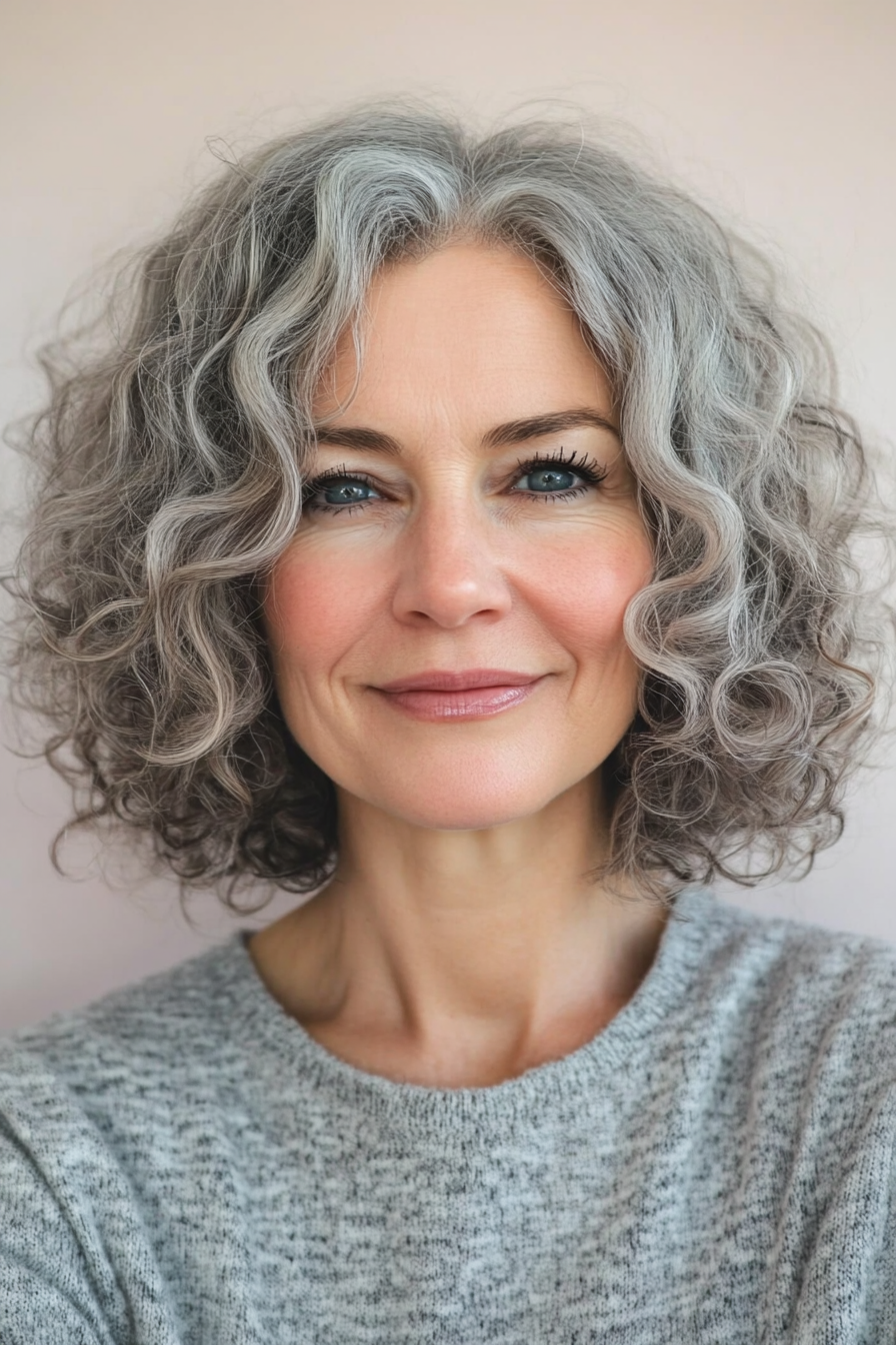 14. Curly Bob in Salt-and-Pepper (Bob Hairstyles For Women Over 50) - Bob Hairstyles For Women Over 50