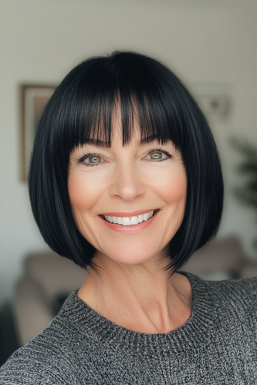 12. Short Bob with Bangs in Soft Black (Bob Hairstyles For Women Over 50) - Bob Hairstyles For Women Over 50