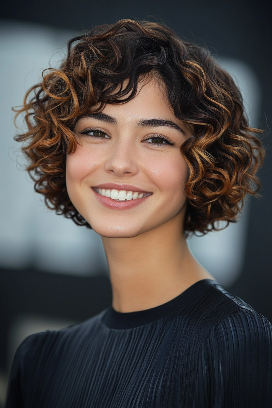 4. Curly Crop with Caramel Highlights (Short Curly Hairstyles For Women) - Short Curly Hairstyles For Women