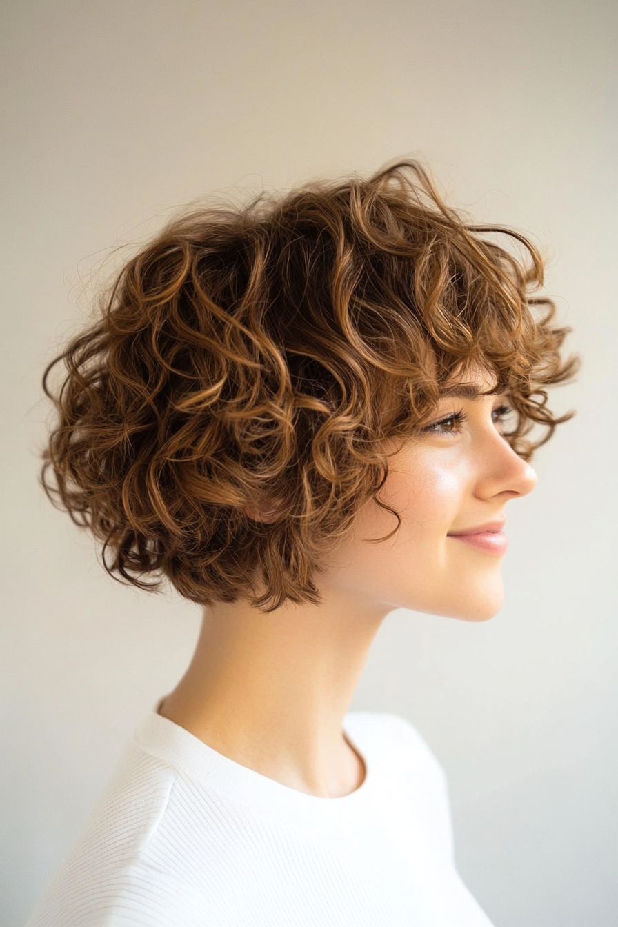 8. Curly Bowl Cut in Honey Brown (Short Curly Hairstyles For Women) - Short Curly Hairstyles For Women