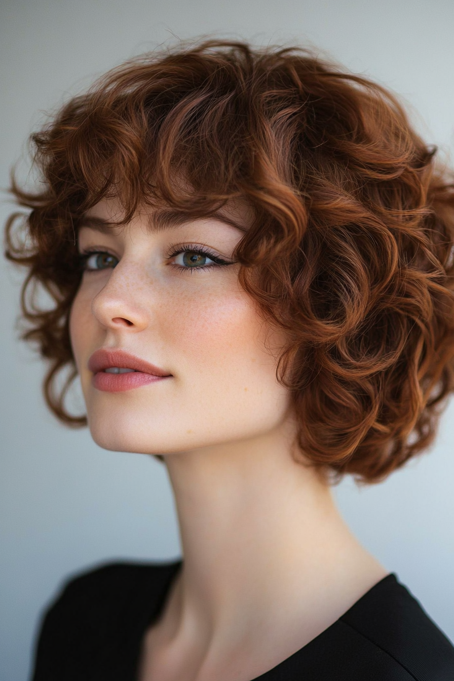 17. Curly Fringe with Copper Brown (Short Curly Hairstyles For Women) - Short Curly Hairstyles For Women