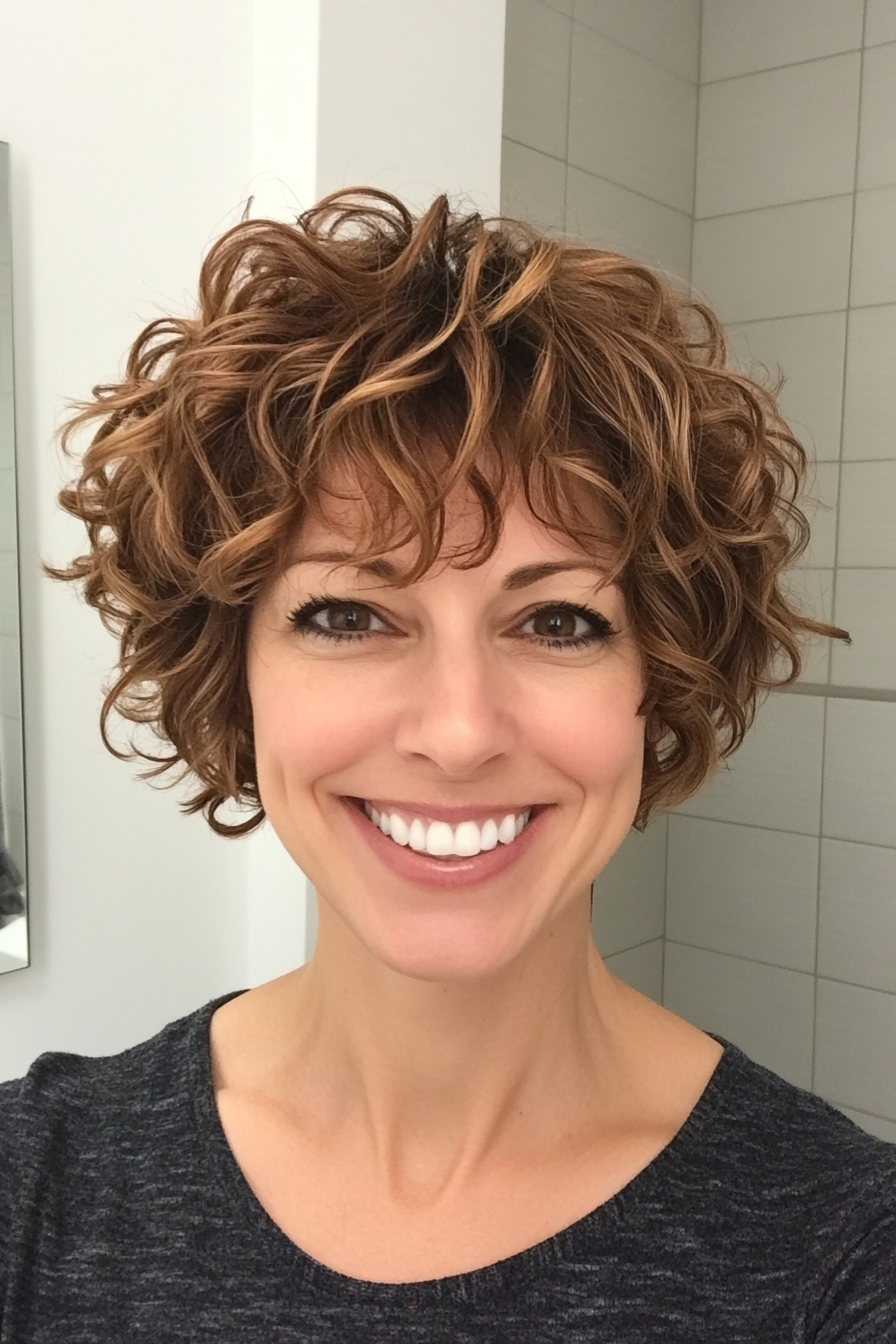 25. Short Shag with Amber Highlights (Short Curly Hairstyles For Women) - Short Curly Hairstyles For Women