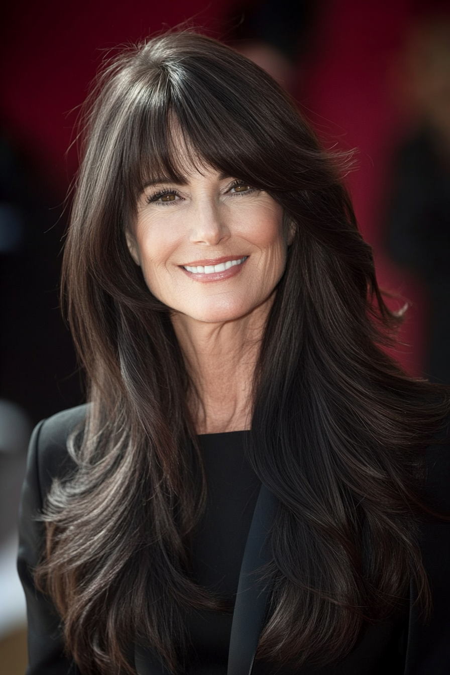 4. Curtain Bangs with Dark Chocolate (Long Haircuts For Older Women) - Long Haircuts For Older Women