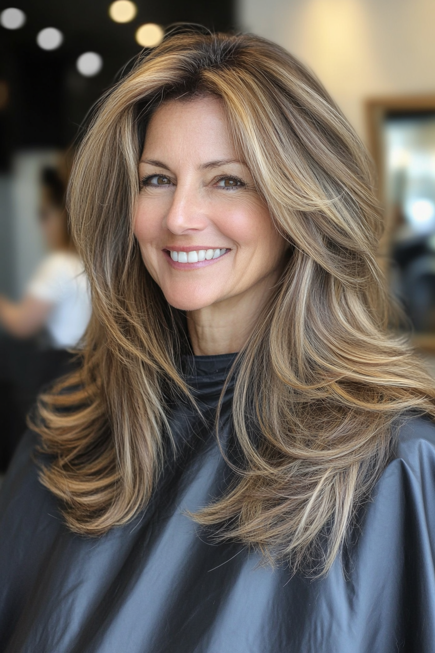 8. Long Feathered Layers with Caramel Brown (Long Haircuts For Older Women) - Long Haircuts For Older Women