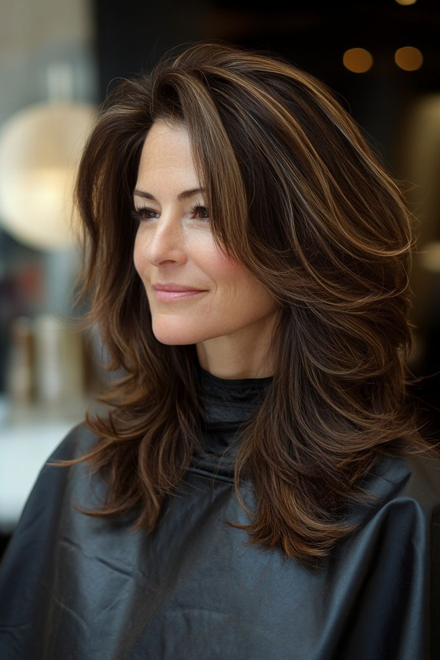 9. Shaggy Cut with Warm Chestnut (Long Haircuts For Older Women) - Long Haircuts For Older Women