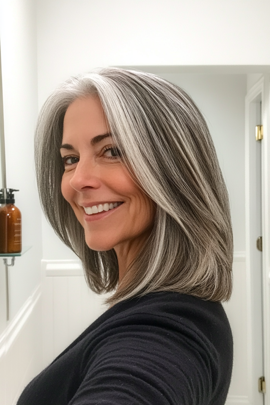 10. Long Bob with Soft Gray Highlights (Long Haircuts For Older Women) - Long Haircuts For Older Women