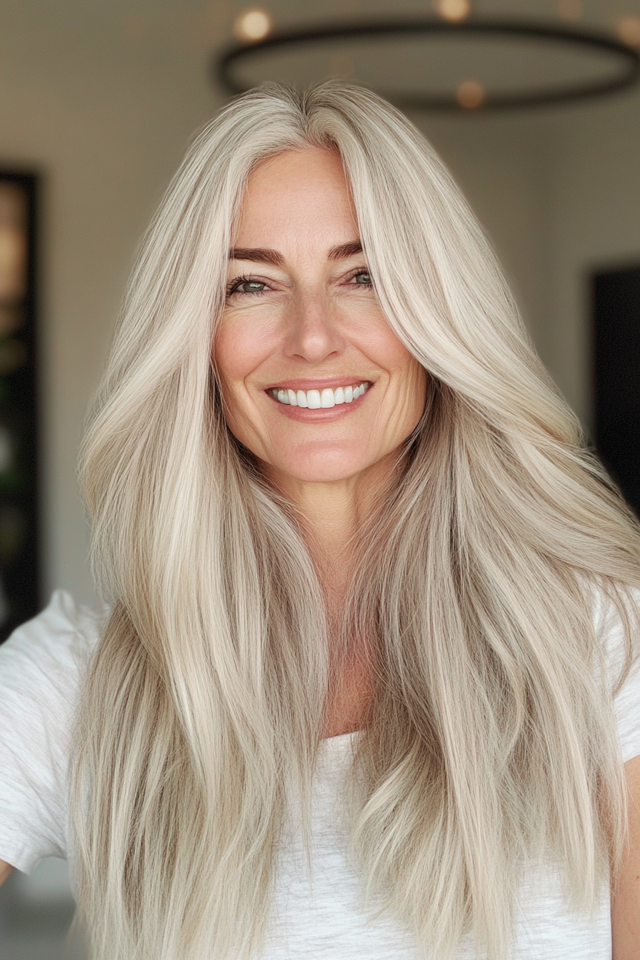 11. Tapered Layers with Platinum Blonde (Long Haircuts For Older Women) - Long Haircuts For Older Women
