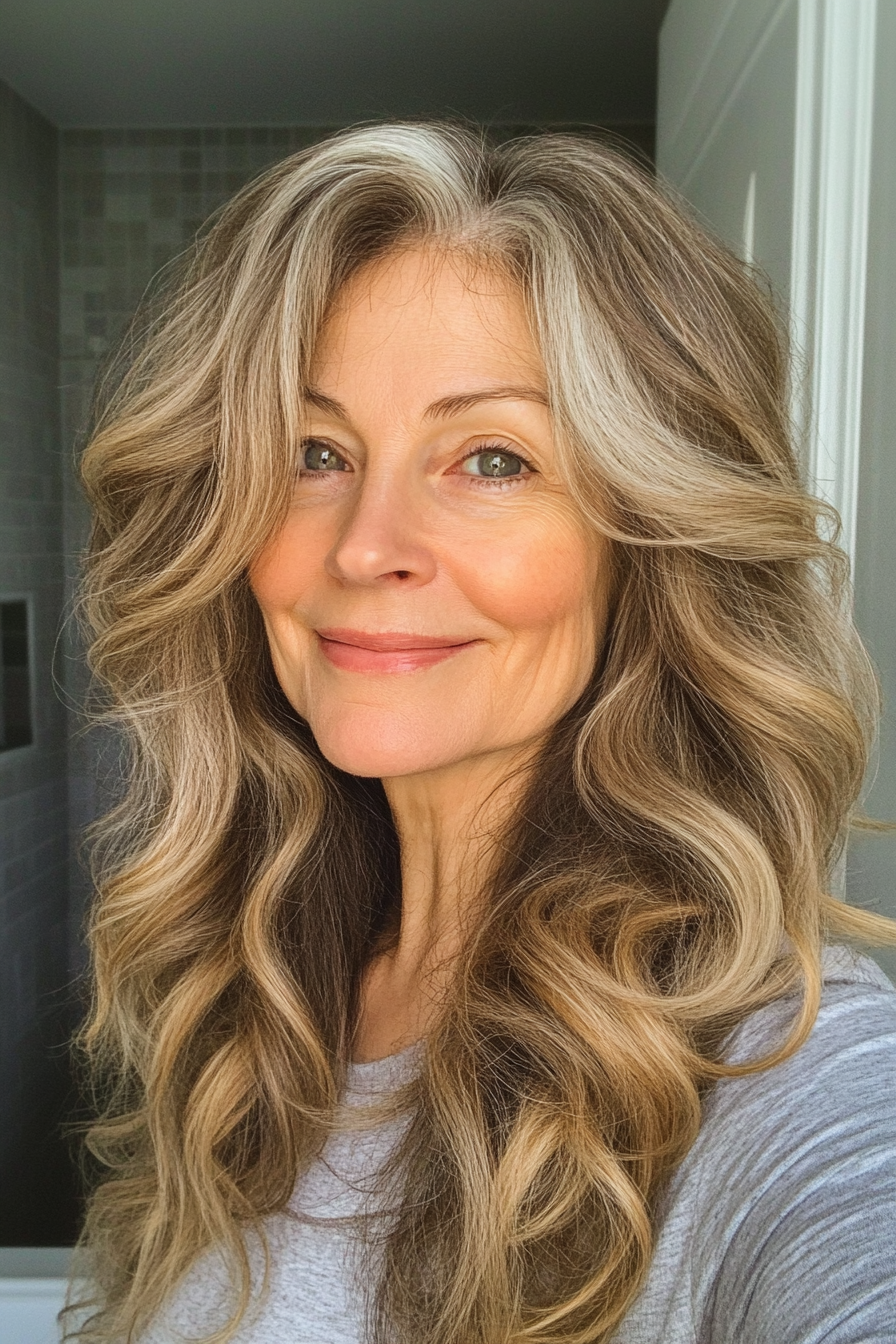 13. Loose Curls with Warm Honey Brown (Long Haircuts For Older Women) - Long Haircuts For Older Women