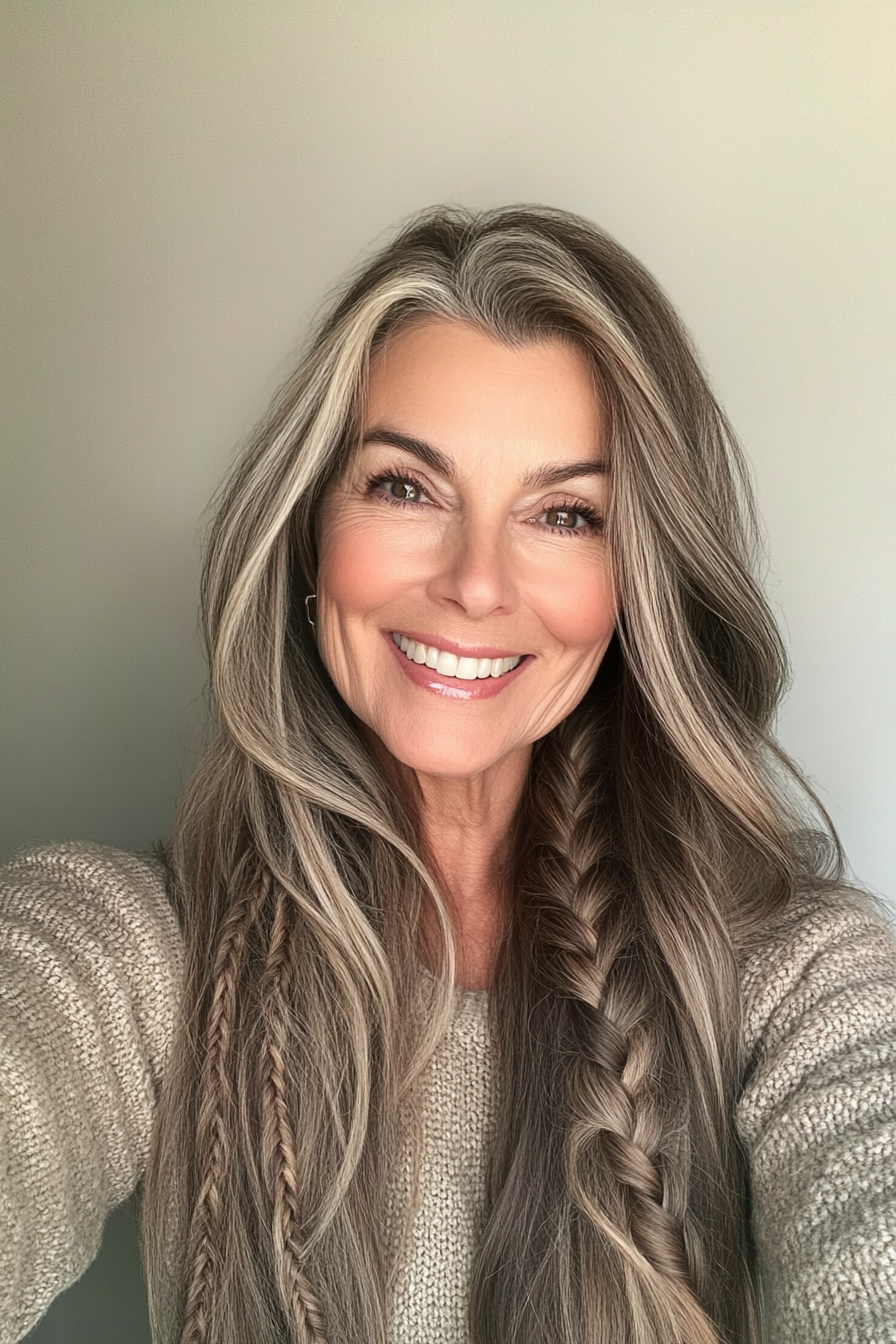 14. Braided Layers with Soft Mocha Brown (Long Haircuts For Older Women) - Long Haircuts For Older Women