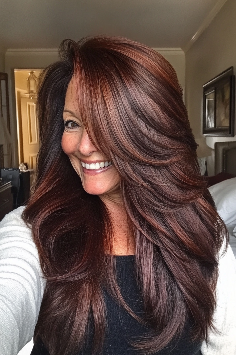 15. Thick Layers with Rich Mahogany (Long Haircuts For Older Women) - Long Haircuts For Older Women